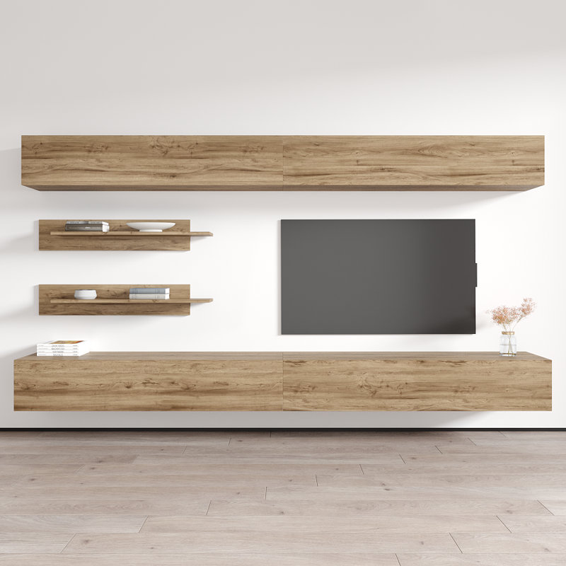Meuble audio-vidéo mural flottant moderne de 126 po avec éclairage à DEL 16 couleurs Narvaez, Chêne