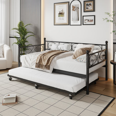 Twin Metal Daybed with Trundle, Heavy Duty Steel Sofa Bed Frame with Headboard, No Box Spring Needed, Guest Bed for Bedroom & Living Room, Sofa bed + lower bed set Black