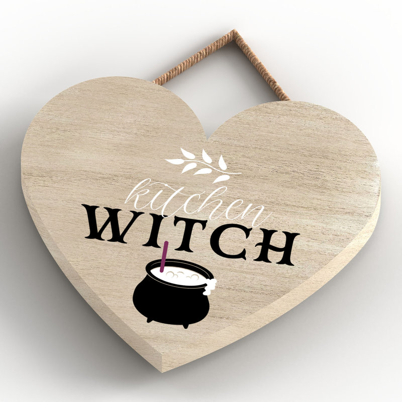 Kitchen Witch Wooden Heart Plaque, 10cm H x 9cm W x 0.5cm D, Brown