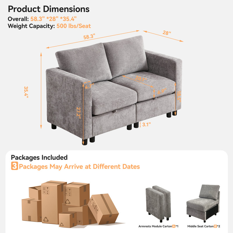 58.3” Upholstered Loveseat Modular Sofa With Under-Seat-Storage, Chenille, Light Gray Chenille