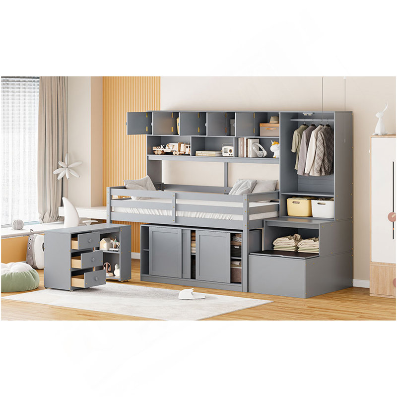 Lit mezzanine simple en bois avec grand rangement et bureau sous le lit, avec tiroirs et tablettes, gris, Lit simple, Gris