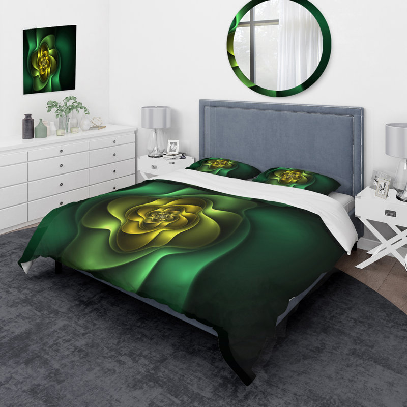 Fleur numérique jaune et vert - ensemble de housse de couette moderne - microfibre de polyester