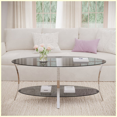Table basse ovale moderne en verre 43,3 "avec double tablette en verre et pieds en métal argenté