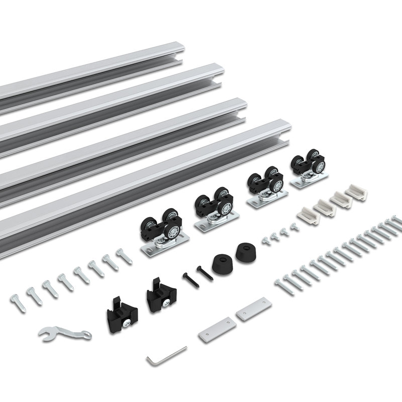 Ensemble de rails de quincaillerie pour porte à deux poches de 10 pi, 2 ensembles de rails épissés de 56,7 po, convenant à une largeur de porte double de 48 po à 60 po (panneau simple de 24 à 30 po)