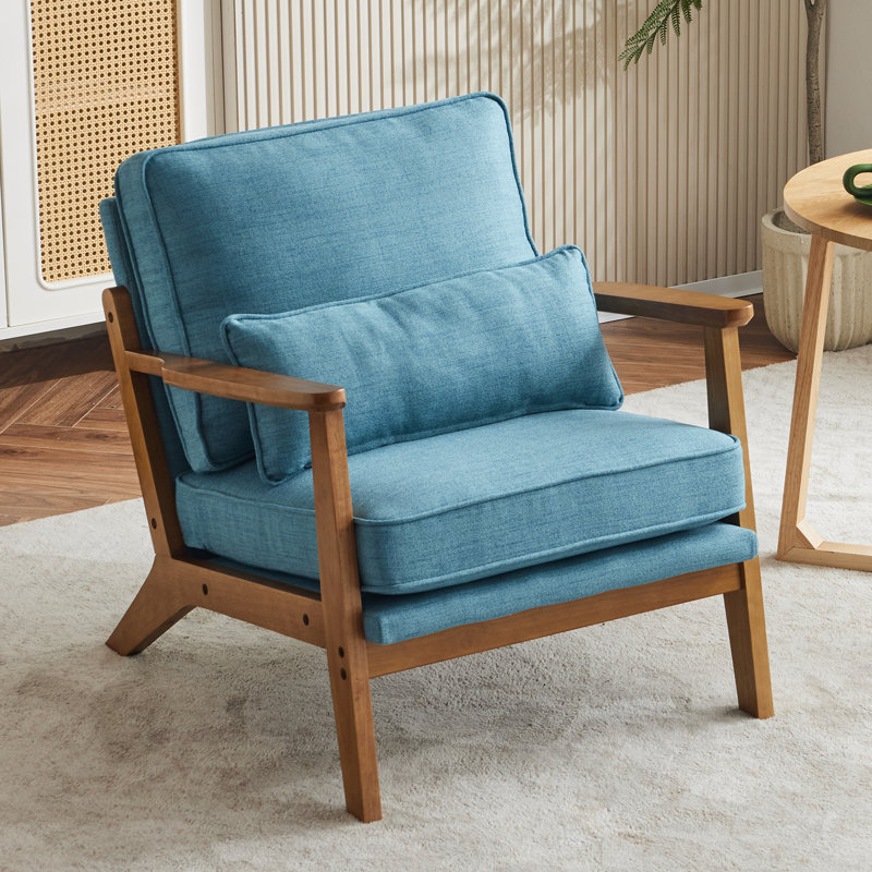 Lemley Upholstered Accent Chair With Wooden Legs And One Pillow, Navy Blue Linen