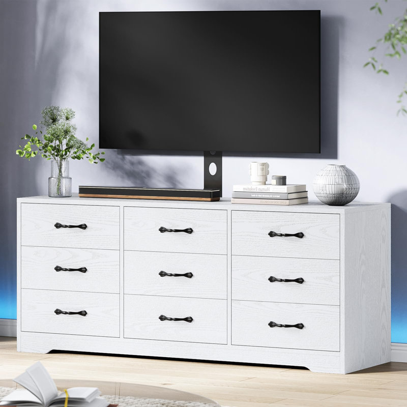 Meuble télé moderne avec support, centre de divertissement de 55 po avec 9 tiroirs, console multimédia à hauteur réglable pour téléviseur de 85 po ou moins, console de rangement en bois pour le salon