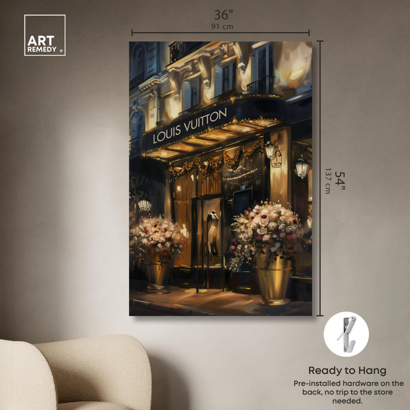 «Elegant Night Storefront» par Art Remedy, Toile tendue sur cadre, H 54 po x l 36 po, Ne s’applique pas