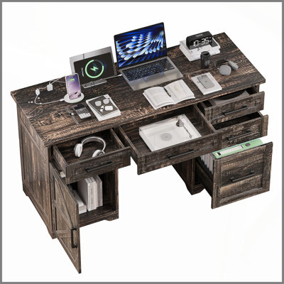55" Farmhouse Executive Desk with Charging Station & Power Outlet, Home Office Computer Desk with 5 Drawers and Cabinet, Rustic Wood Writing Study Table with File Drawer, Rustic Gray