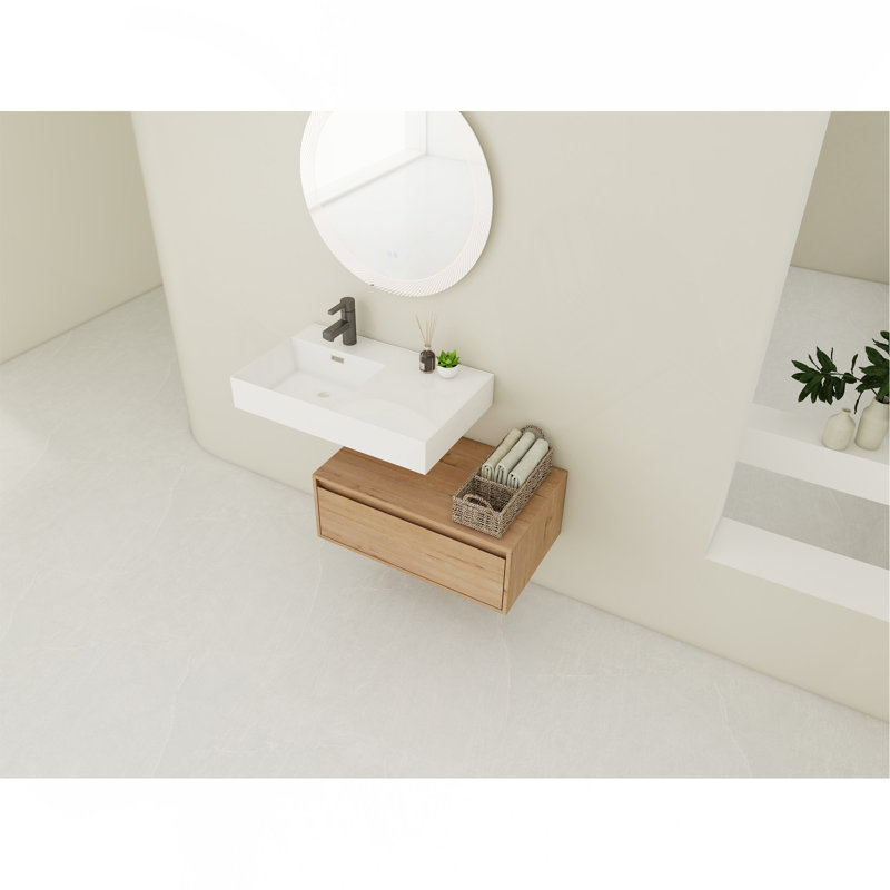 Meuble-lavabo mural de 30 po avec lavabo en résine, tiroir à fermeture en douceur et fixation flottante