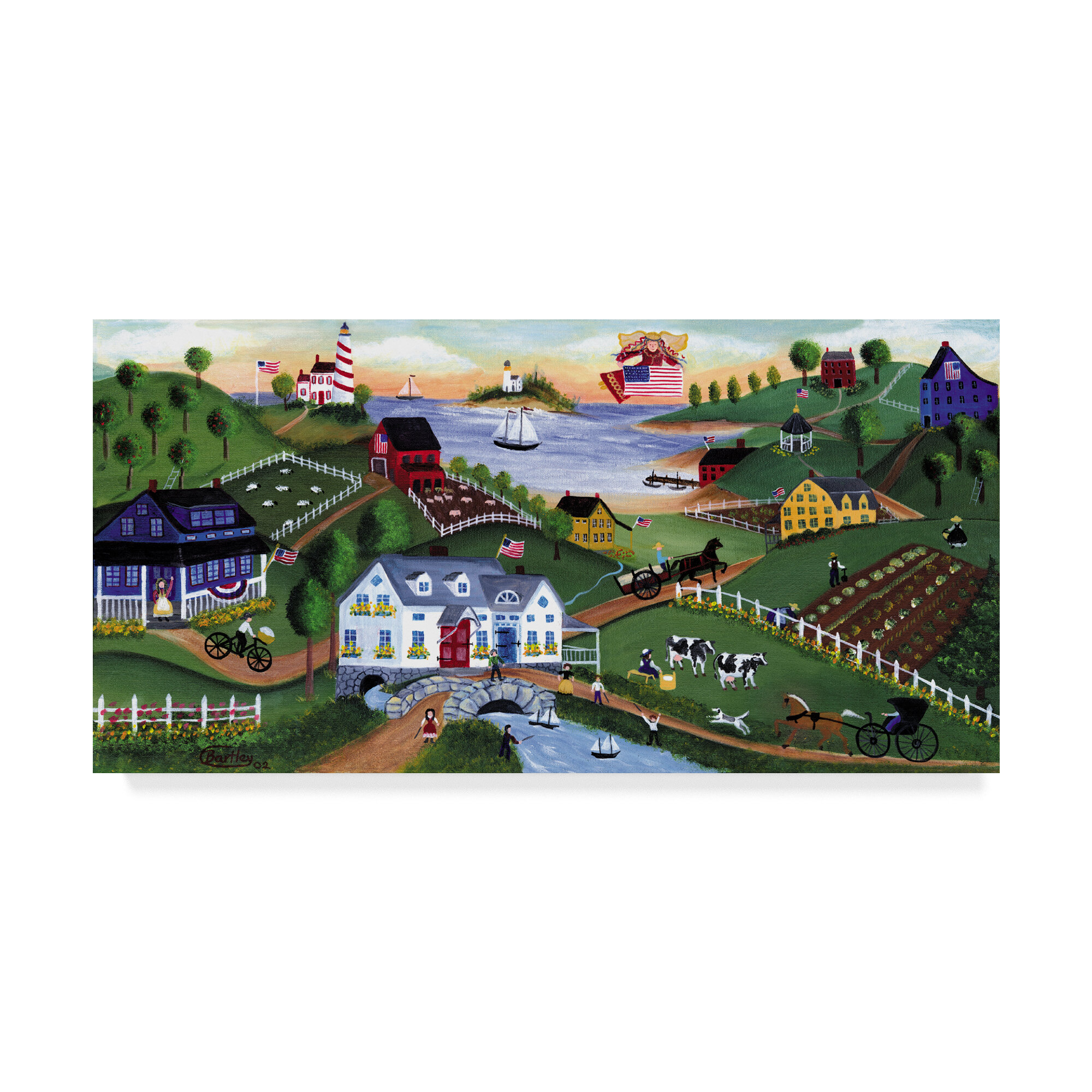 Canvas Wall Art - American Folk Art Seadise with Angel by Cheryl Bartley ( scenic & landscapes > Country > Farms art) - 18x26 in