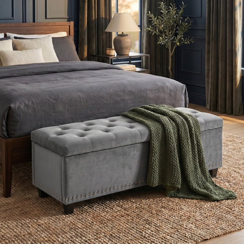 Espana 51'' Upholstered Tufted Storage Ottoman, Gray Velvet