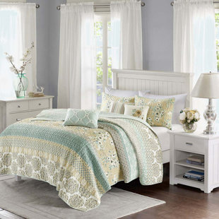 Ensemble de courtepointe en coton 6 pièces avec coussins décoratifs vert