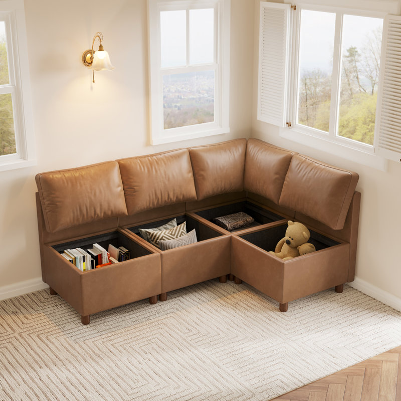 Banquette de coin modulaire avec rangement, banc rembourré pour 4 personnes, similicuir résistant aux égratignures, Brun