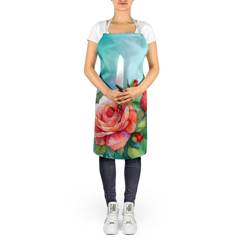 Tennessee Iris in Watercolor Apron, Pink Oklahoma Roses