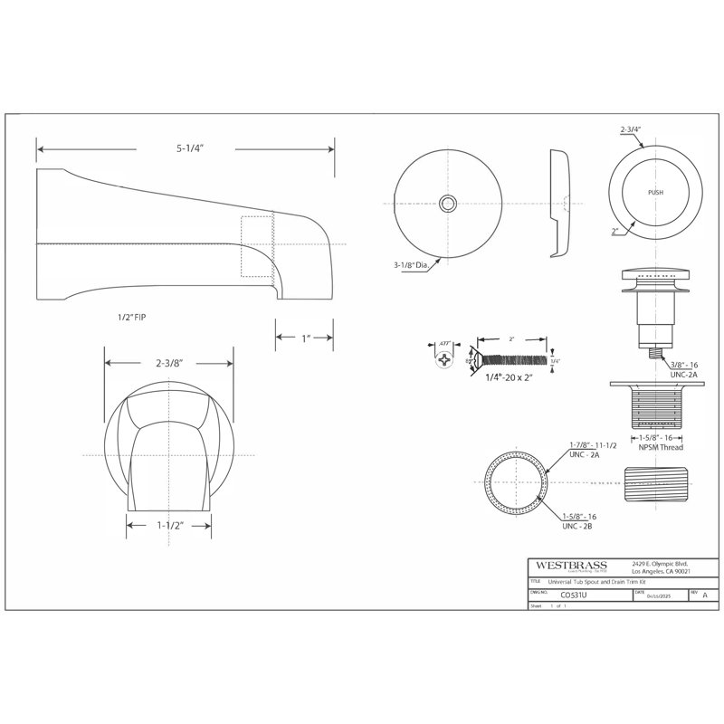 Ensemble de bec de baignoire à fixation murale 5-1 / 4 po Universal Fit, Chrome poli