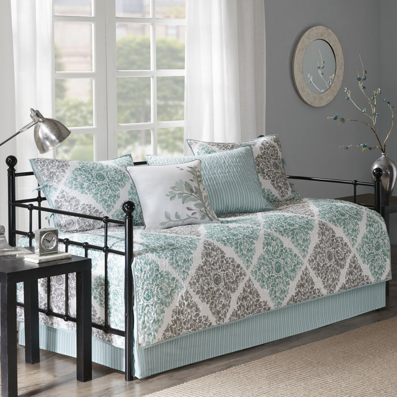 Aqua and Gray Floral Reversible Microfiber Daybed Set