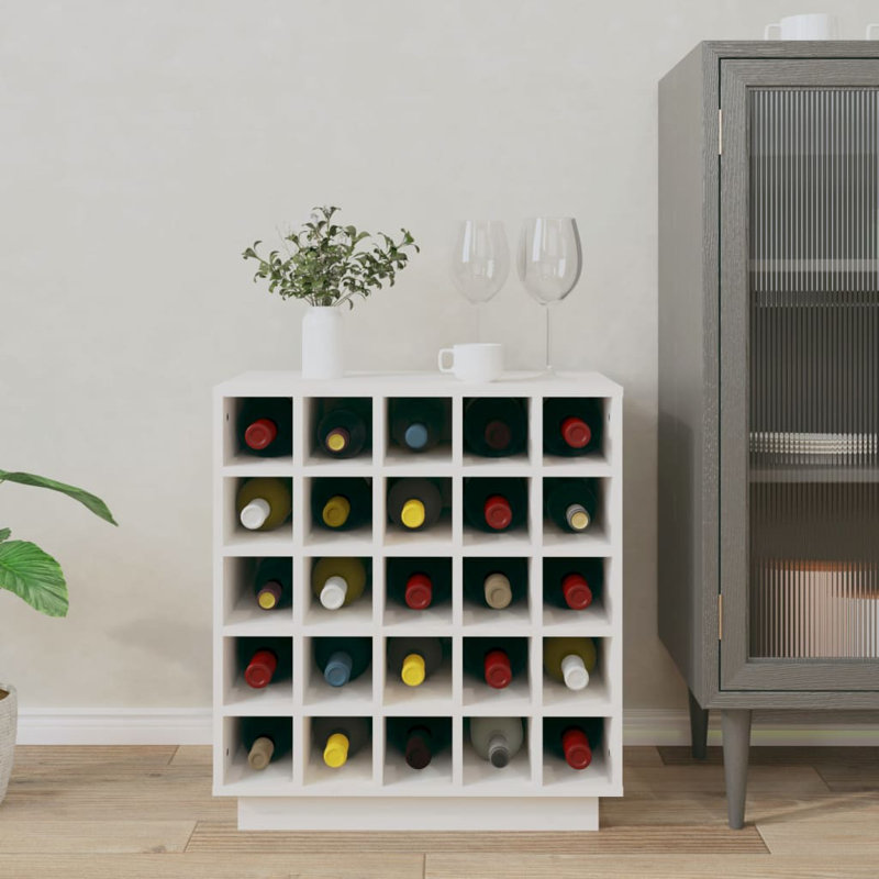 Tyrel 25 Bottle Solid Wood Floor Wine Bottle & Glass Rack, White