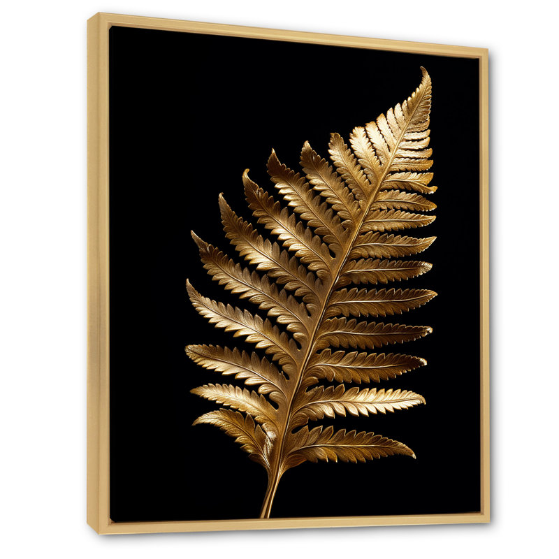 Feuille de fougère dorée sur fond noir sur toile, H 32 po x l 24 po x P 1 po, Cadre flottant brun