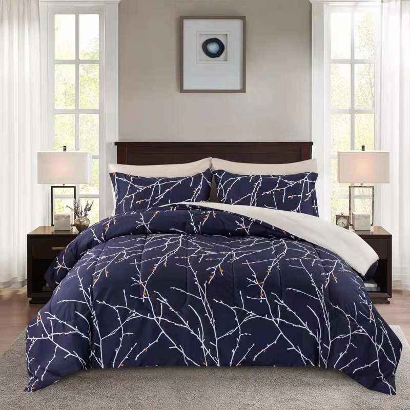 Queen Navy Blue and White Microfiber Down Alternative Bed in a Bag Set