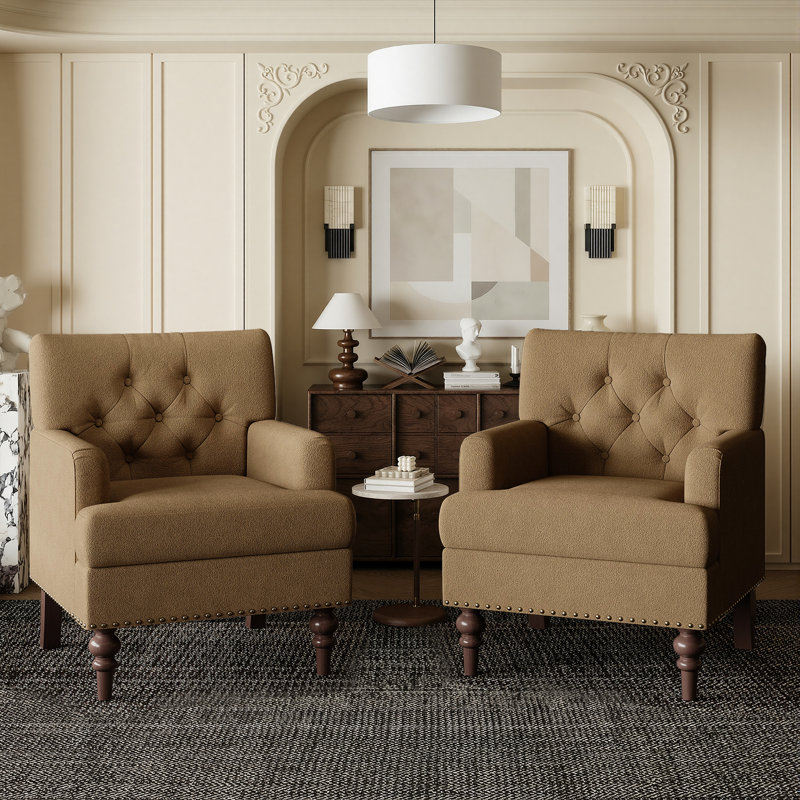 Fauteuil capitonné à pieds hauts avec garniture cloutée et coussin rembourré épais, Tissu brun