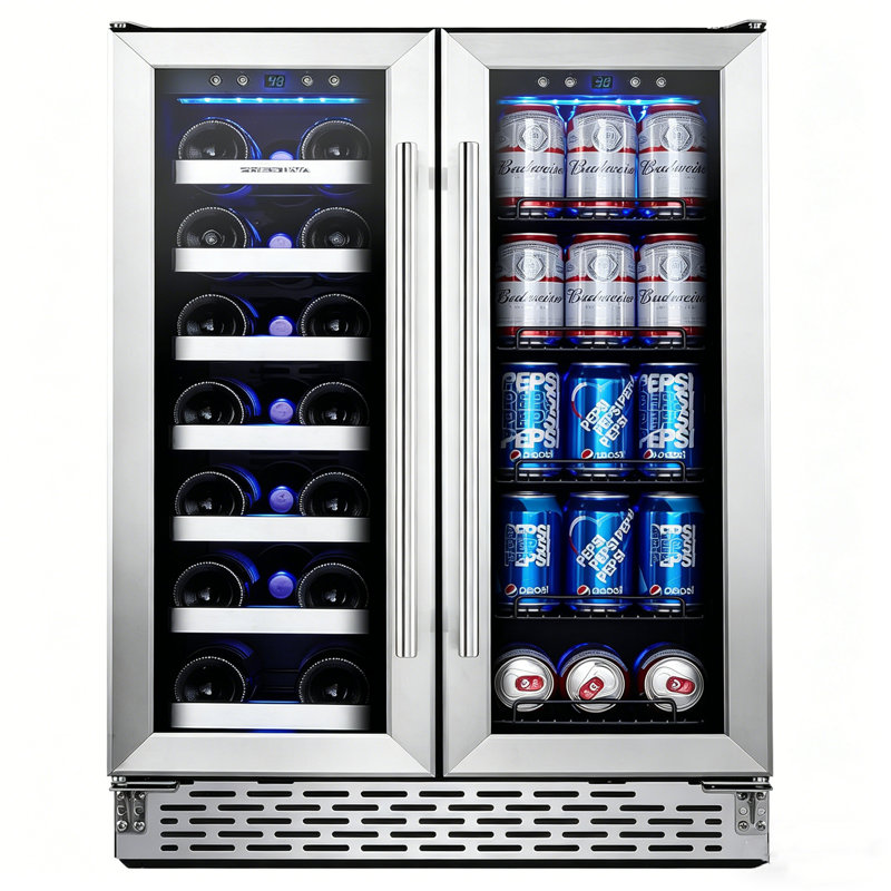 24 Inch Dual Zone Wine And Drink Fridge, Freestanding & Built-in Wine Cooler With Dual Glass Doors, 20 Bottle & 78 Can Capacity, Led Interior Lighting, Ideal For Kitchen, Bar, Office & Bedroom