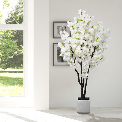 Arbre de fleurs de cerisier artificiel de 6 pi en pot, arbre de fleurs de cerisier blanc artificiel avec fleurs, plante de fleur de cerisier artificielle réaliste pour un décor intérieur et extérieur