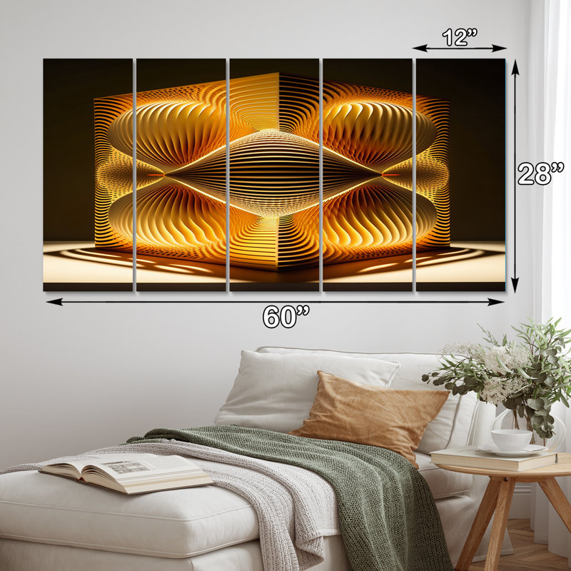 «Op-Art Retro Gold Geometric Dimensions II», reproduction d'art en spirale abstraite - 5 panneaux égaux