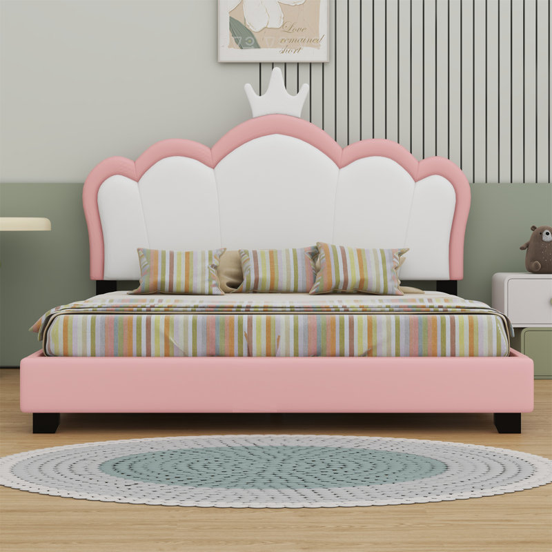 Lit princesse rembourré avec tête de lit couronne, Double, Crème
