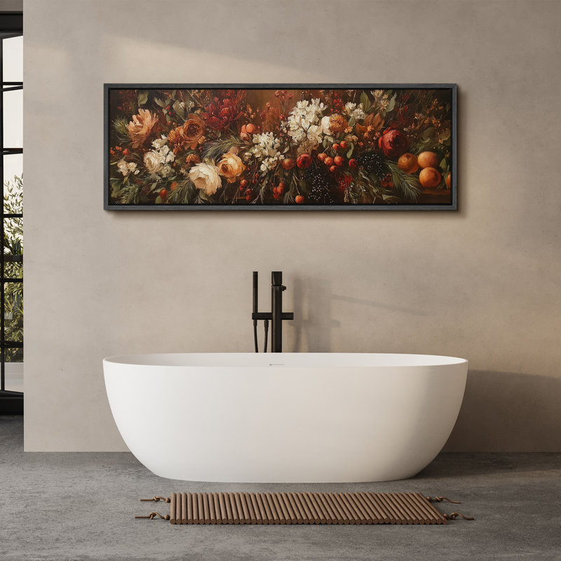 Large Framed Canvas Print Wall Art - Moody Floral Print for Dark Academic Holiday Decor, 20" H x 60" W, Black