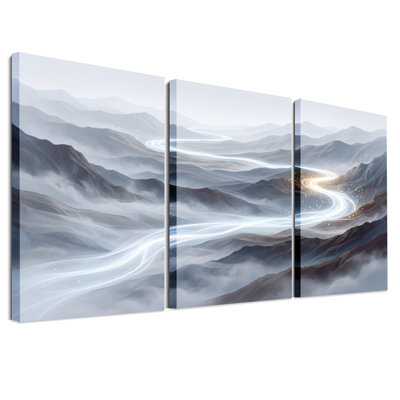 Ensemble de 3 toiles murales « Chemin sinueux de lumière dorée à travers des montagnes brumeuses »