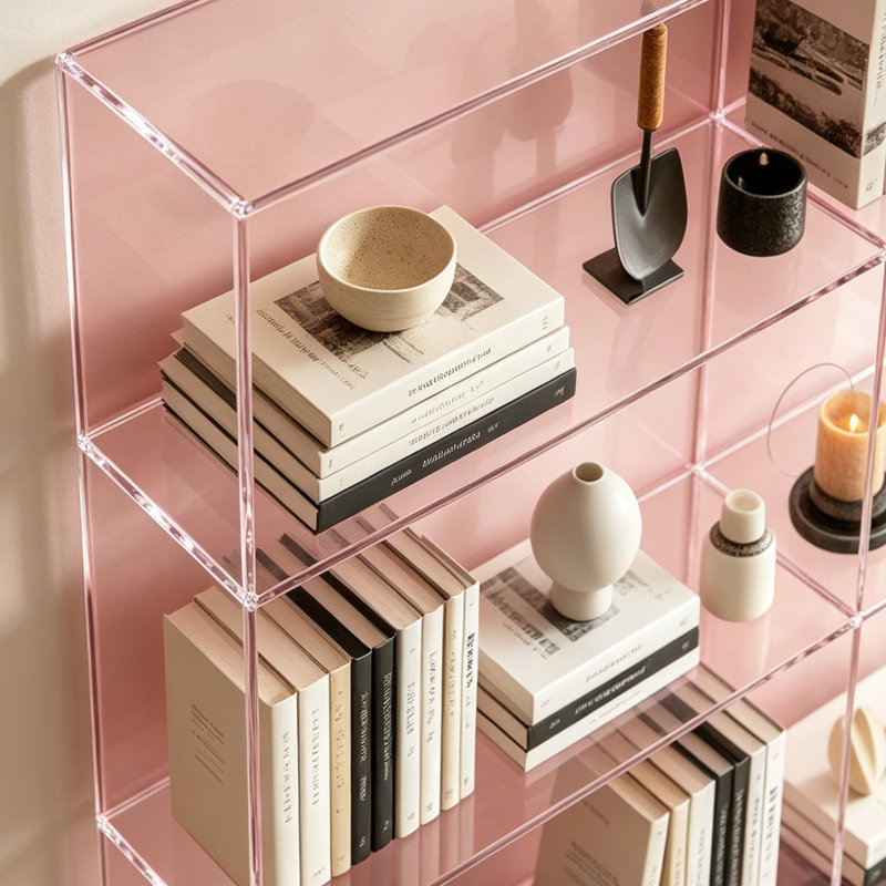 Bibliothèque transparente en acrylique, Rose clair