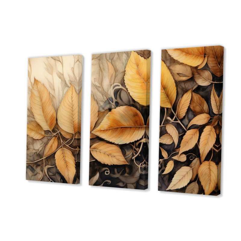 Brown Beige Leafs Harmony II - Floral Canvas Prints Set, H 28 po x l 36 po x P 1 po