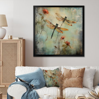 Vintage Painting Of Dragonfly Flying - Framed Wall Art Print On Canvas