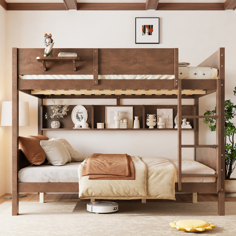 Lit superposé moderne Gaven avec tablettes de rangement et bois massif, Brun
