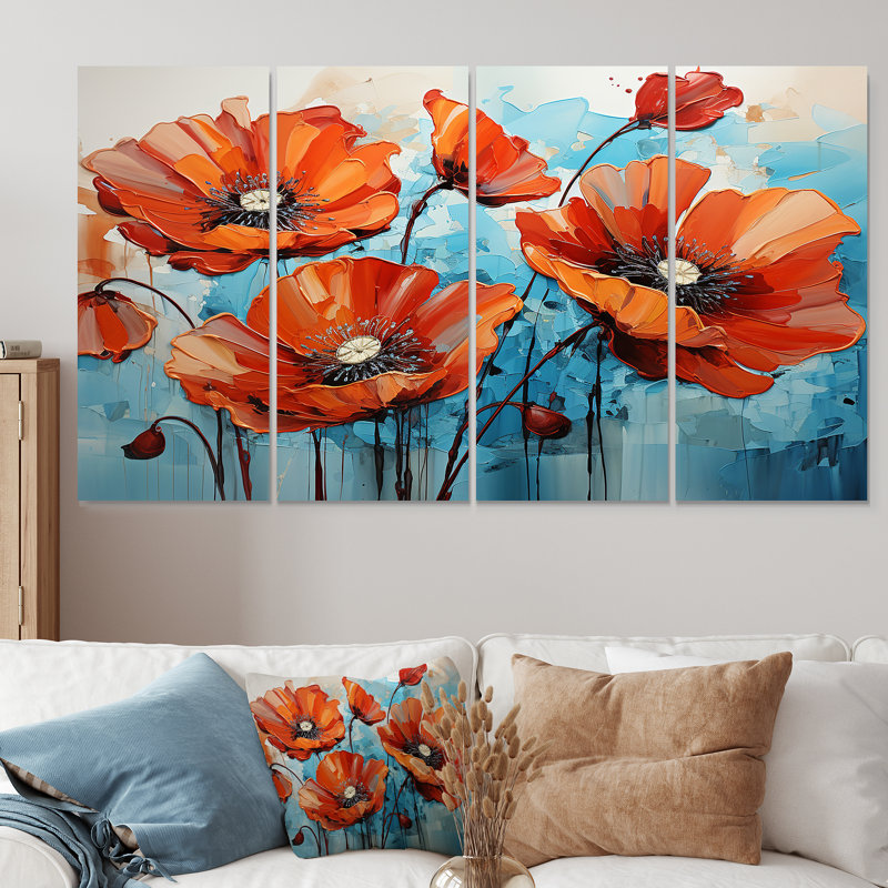 Orange et bleu «Poppy Meadow» - ensemble d'art mural 4 pièces coquelicots, H 28 po x l 48 po