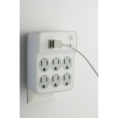GE 6-Outlet 2-USB-A Wall Tap with Surge Protection, 560J, White, 36735