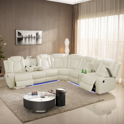 3-pieces 210”breathing Leather Power Reclining Theater Sectional,led Lighting