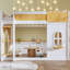 Lit superposé double au-dessus de double avec tablettes de rangement, fenêtre et deux portes, blanc et naturel-1512427479