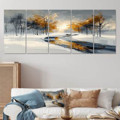 Gold And White Frosted Road In Winter III - Winter Landscape Canvas Wall Art Set