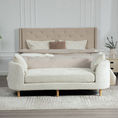 77.17" Wide Modern Upholstered End of Bed Bench with Armrests, Chenille Chaise Lounge Couch with 2 Bolster Pillows, Daybed with Rubberwood Legs For Living Room,Bedroom,Apartment,Guestroom
