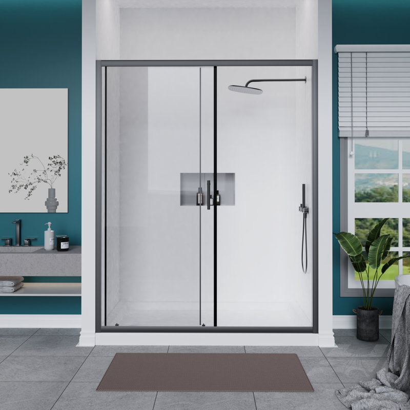 60.in W X 72.in H Single Sliding Shower Door, 1/5 Inch Thick Clear Tempered Glass Shower Door With Stainless Steel Handle, Black