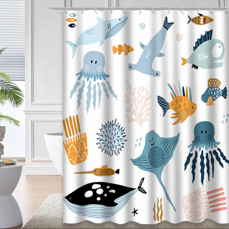Waterproof Creative Marine Animal Bath Nautical Octopus Shower Curtain with 12 Hooks, 72" L x 72" W