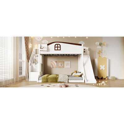 Lit simple superposé au dessus d'un lit double avec escalier de rangement, tablette, glissade et garde-robe, blanc et espresso