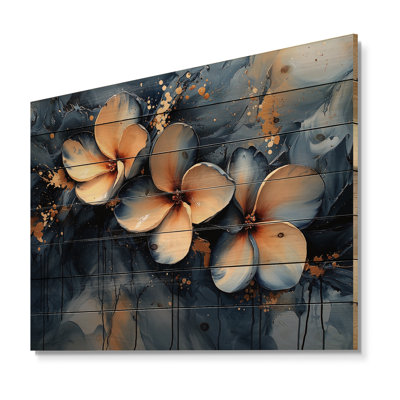 Golden River Of Aqua Plumeria Blossom II - Plumeria Wood Wall Decor - On Natural Pine Wood