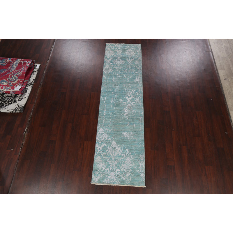 Tapis de couloir unique en laine noué à la main 2 pi 8 po x 9 pi 11 po nouvel âge bleu / blanc