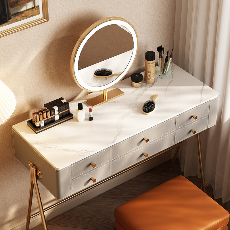 Coiffeuse haut de gamme, finition similicuir grainé, plateau en pierre frittée, miroir DEL, 6 tiroirs, montage très facile