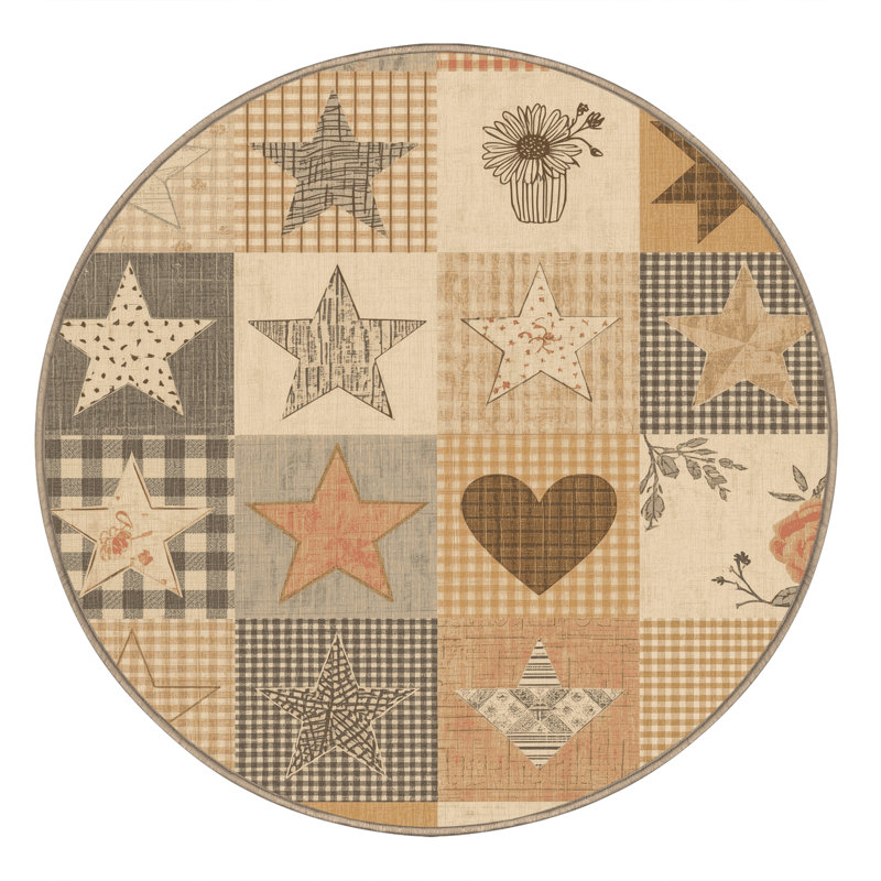 Machine Washable Patterns And Textures Cottage Americana Patchwork Rug in Beige – Beige Binding, 8' Round