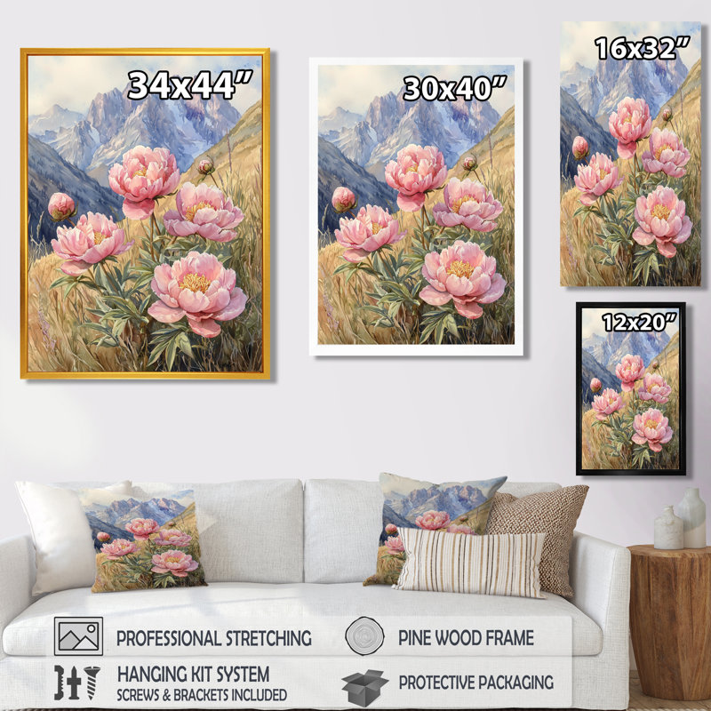 Pivoines dans la vallée balayée par le vent - art mural encadré de pivoines, Brun, H 32 po x l 24 po
