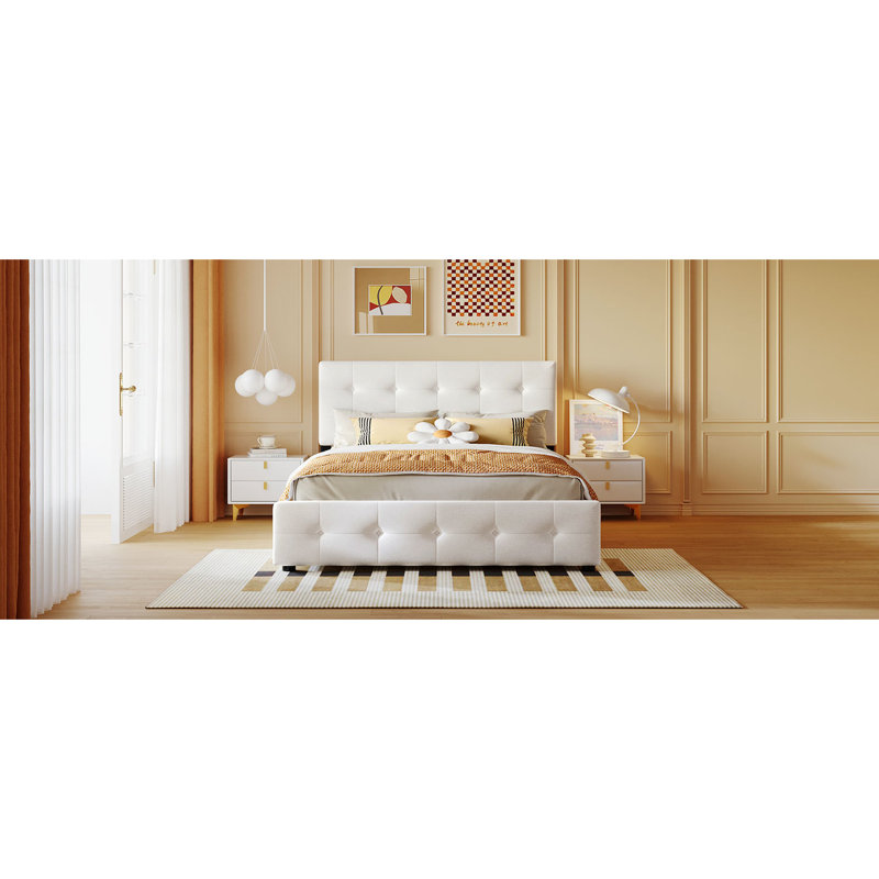 Grand lit tapissier blanc avec 4 tiroirs spacieux et une tête de lit tendance, Blanc