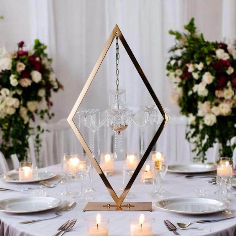 2 Diamond Shape Acrylic Crystal Chandelier Wedding Venue Event Candleholder Centerpiece Stand, Gold